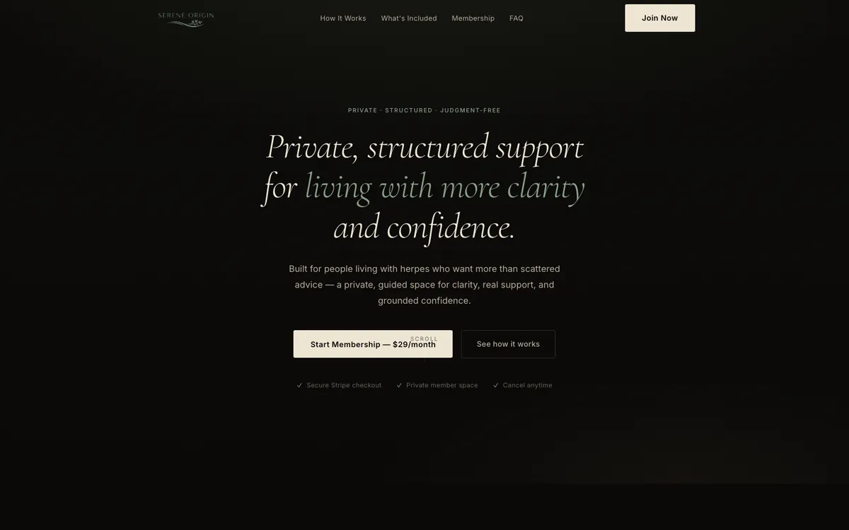 Serene Origins homepage showing private wellness positioning and membership-oriented customer experience.